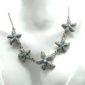Starfish Blue Stone Silver-tone Necklace 18-21"